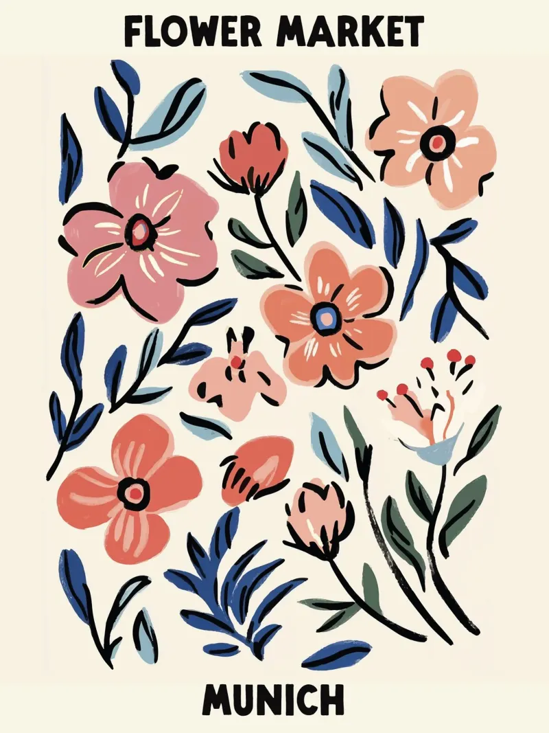 Mercato dei fiori, Monaco, Germania, Illustrazione poster con telaio in plastica da Peaches Art Prints
