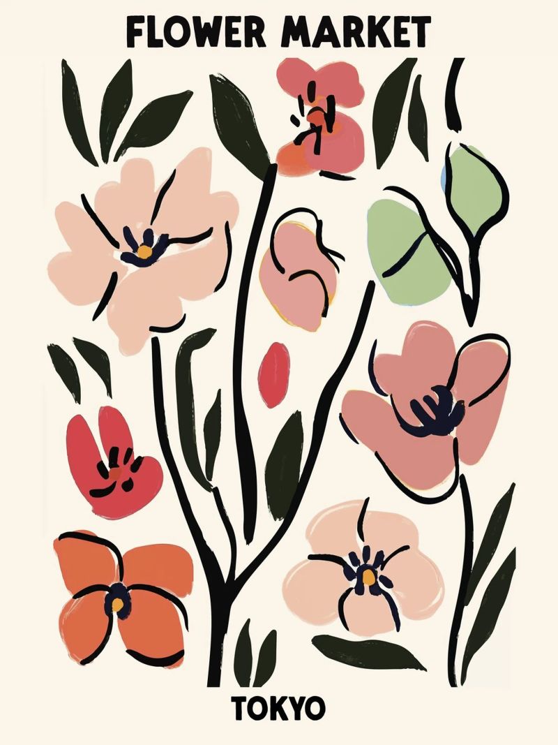 Bloemenmarkt, Tokio, Japan, Kersenbloesem, Illustratie poster van Peaches Art Prints