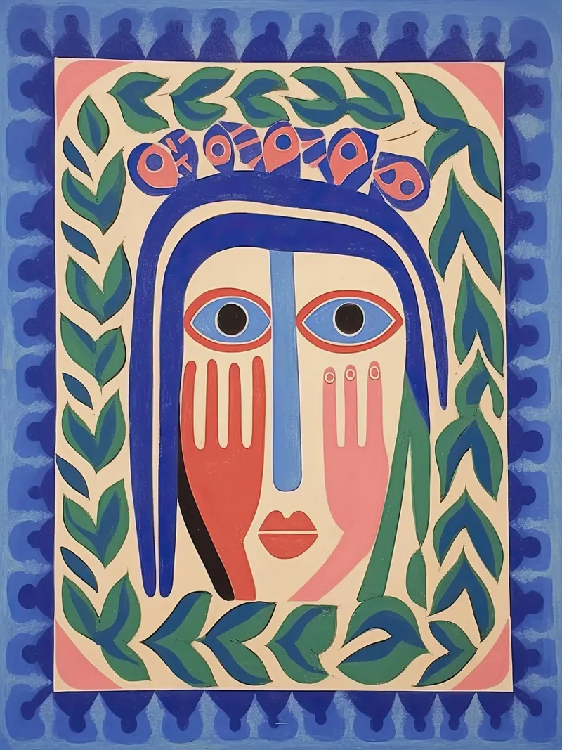 Folk Abstract Gezichtsillustratie Blauw canvas met Baklijst van Peaches Art Prints