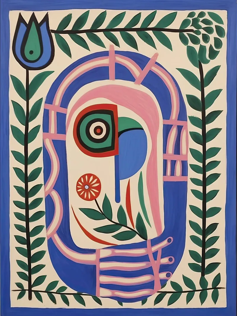 Folk Abstract Gezichtsillustratie - Abstract Groen Blauw poster met aluminium frame van Peaches Art Prints