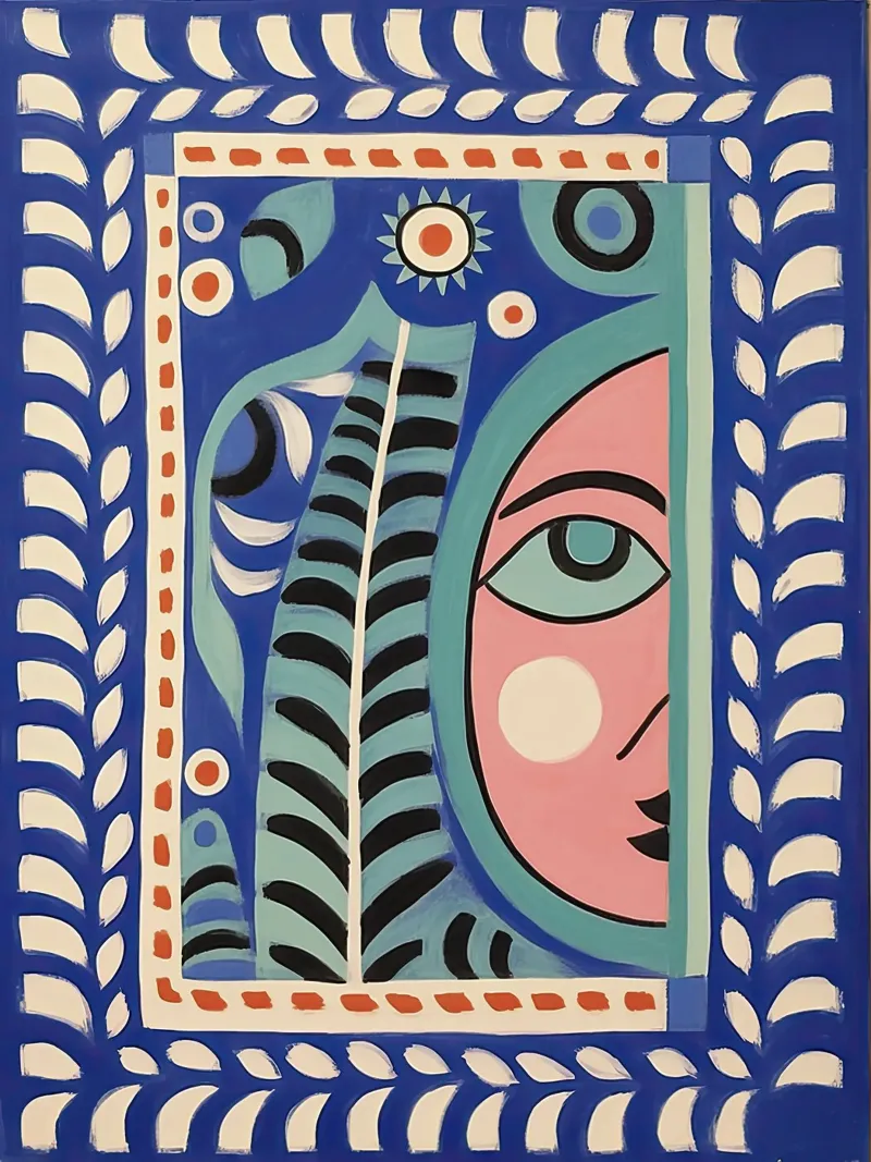 Folk Abstract Face Illustration, Green Blue and Pink forex plate by Peaches Art Prints