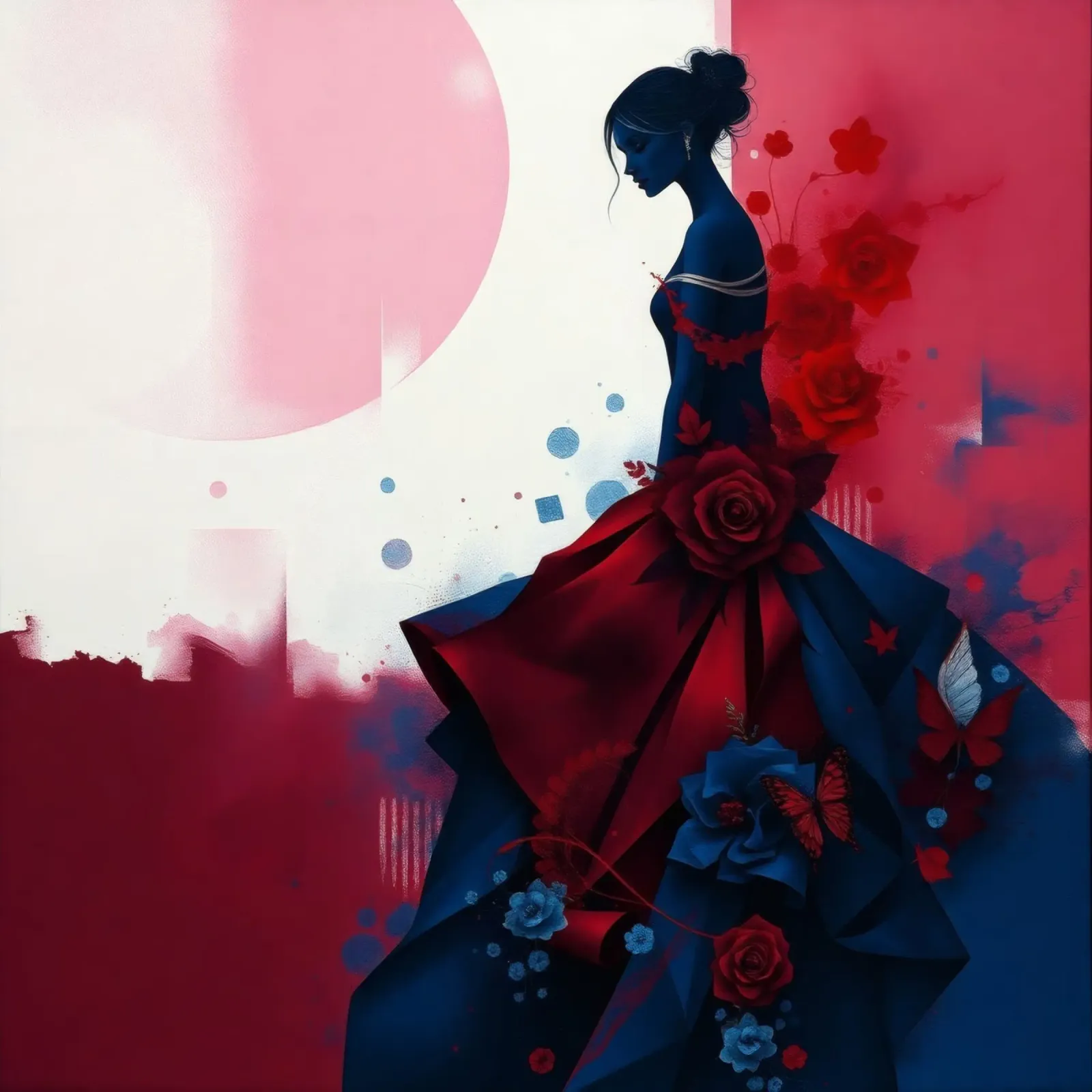 Donna elegante in un vivace abito blu scuro e rosso in mezzo all'arte poster con telaio in legno da DesignDoodle