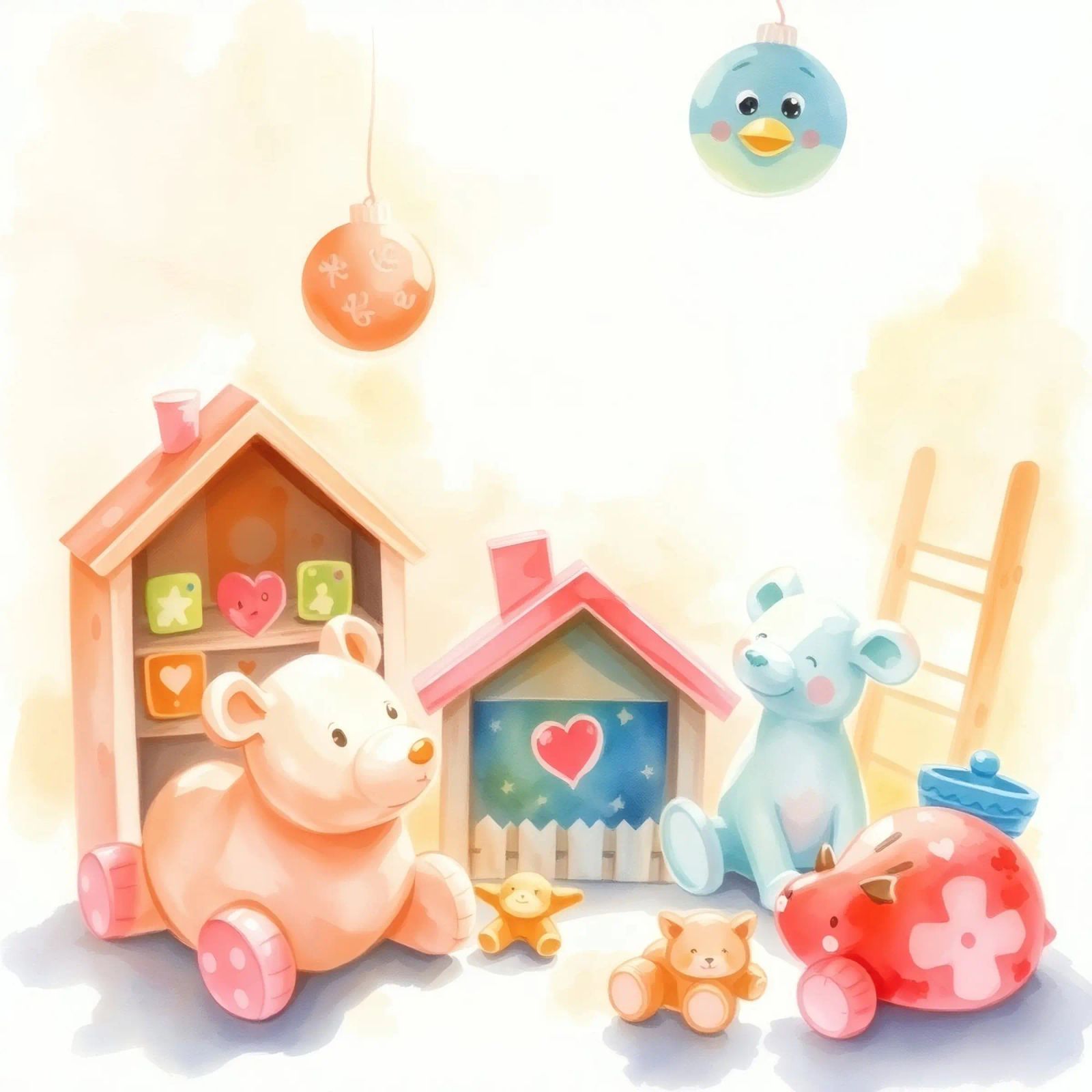 Colorful toy houses with cute plush animals in a bright play poster by DesignDoodle