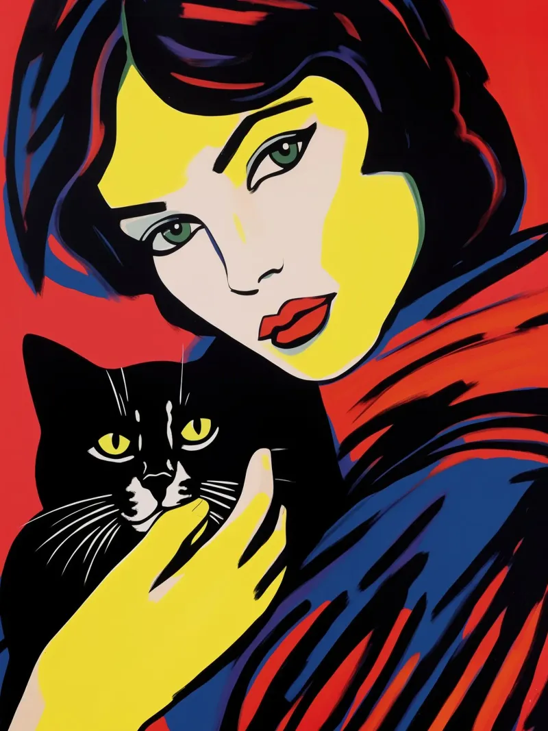 Ritratto pop art di una donna con un gatto nero poster con telaio in legno da Autofocus