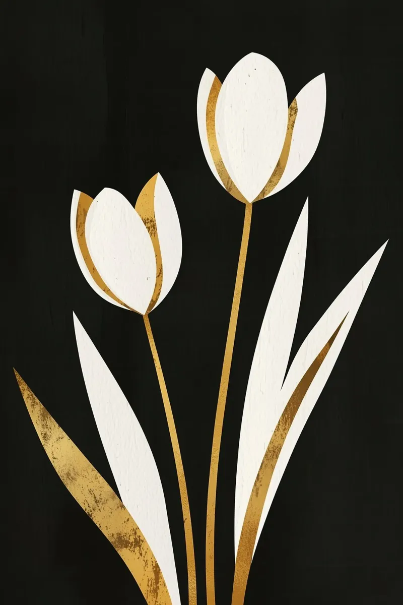 Eleganti tulipani bianchi con oro su nero poster con telaio in plastica da Autofocus
