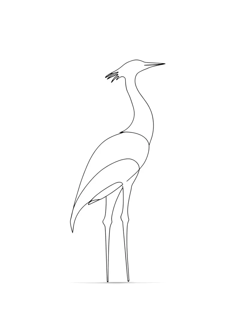 Disegno lineare minimalista di un airone in piedi pellicola backlit da Viv Line Art