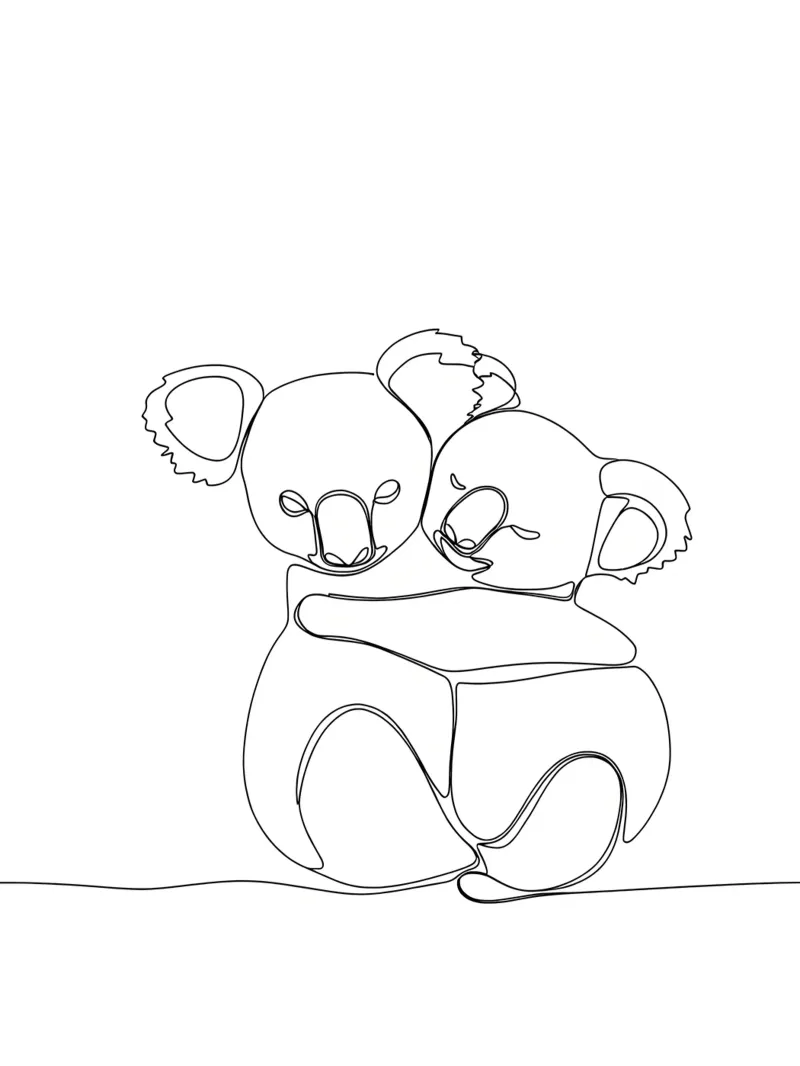 Deux Koalas s'embrassant Dessin au trait minimaliste poster avec cadre en bois de Viv Line Art