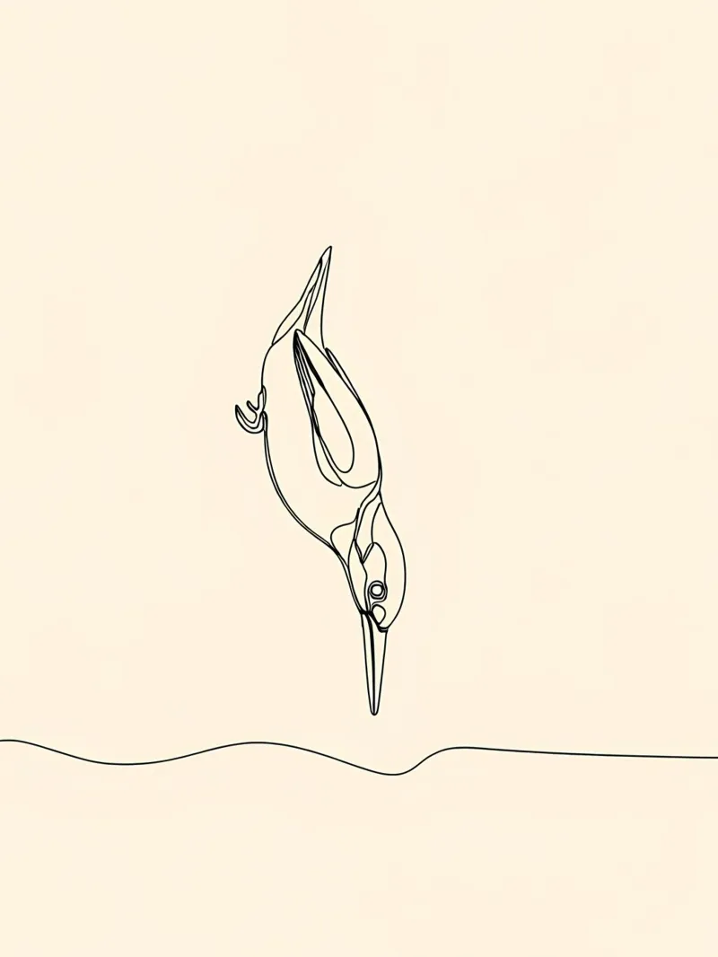 Martin pescatore in immersione Disegno lineare minimalista pellicola backlit da Viv Line Art