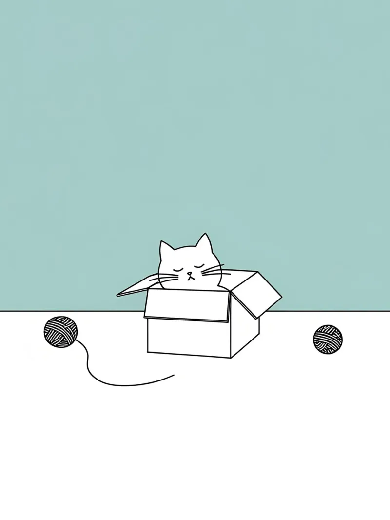 Cat in a Box with Yarn Balls Minimalist Line Art Drawing canvas by Viv Line Art