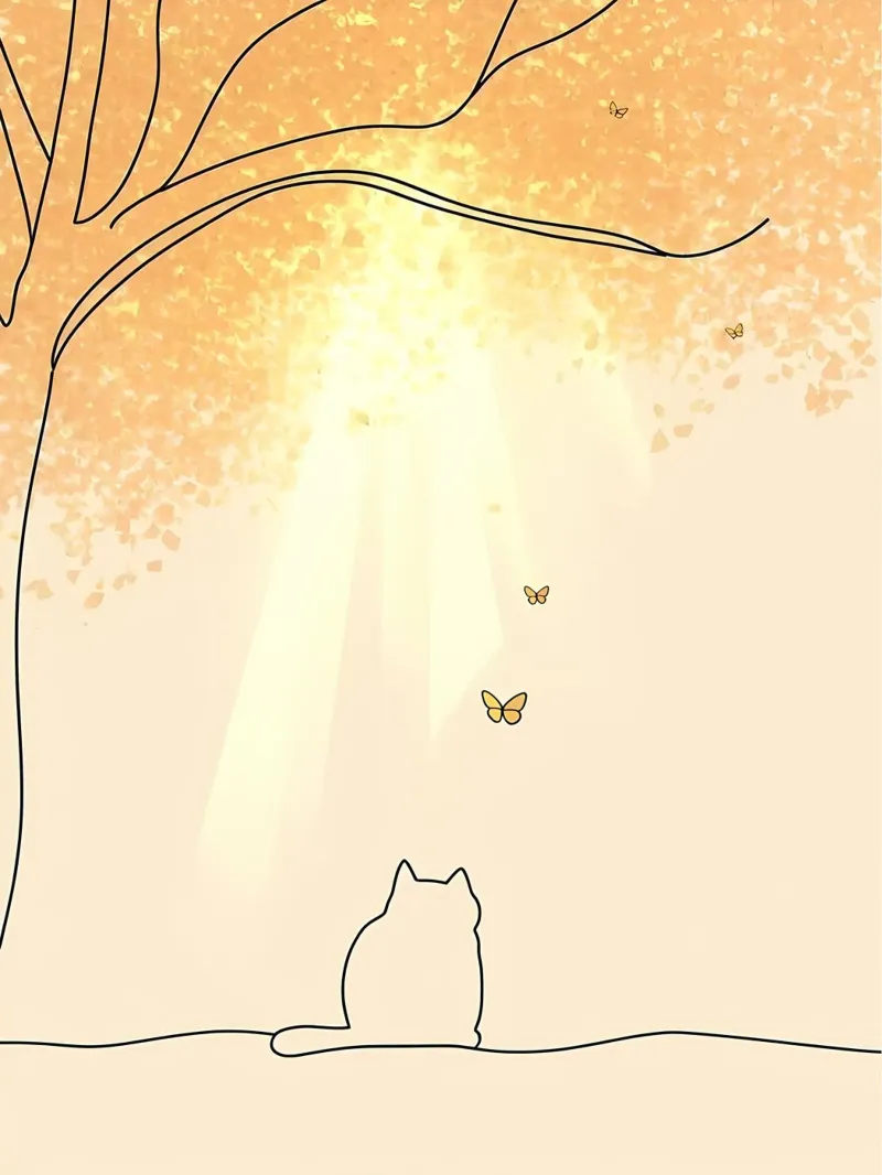 Cat Under Tree with Butterflies Minimalist Line Art Drawing canvas by Viv Line Art