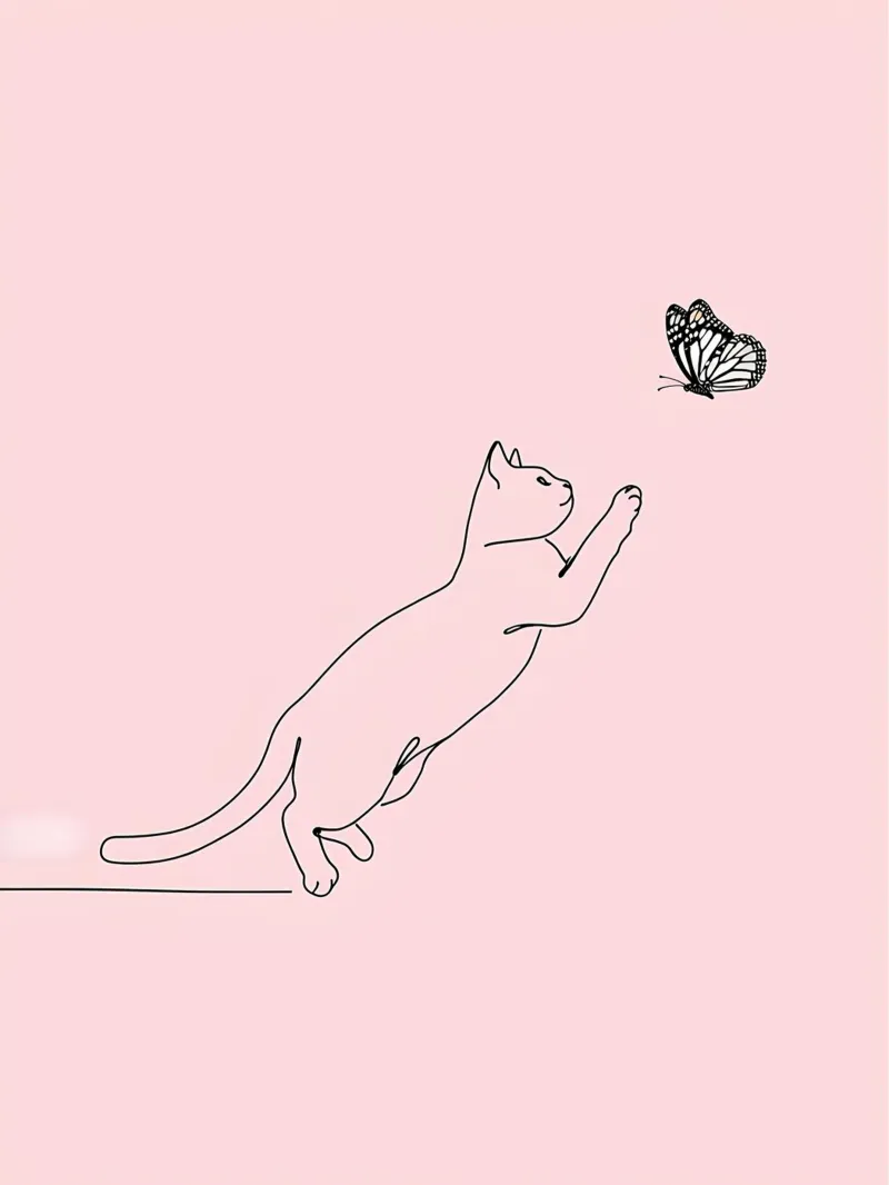 Chat jouant avec un papillon Dessin au trait minimaliste hahnemühle de Viv Line Art