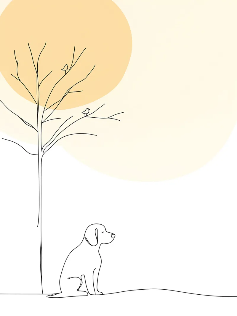 Chien sous un arbre Dessin au trait minimaliste poster avec cadre en bois de Viv Line Art