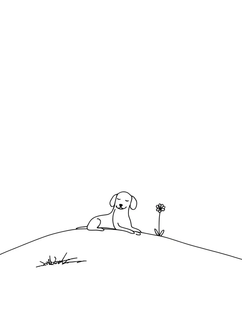 Cane in collina con un fiore Disegno d'arte lineare minimalista poster con telaio in legno da Viv Line Art