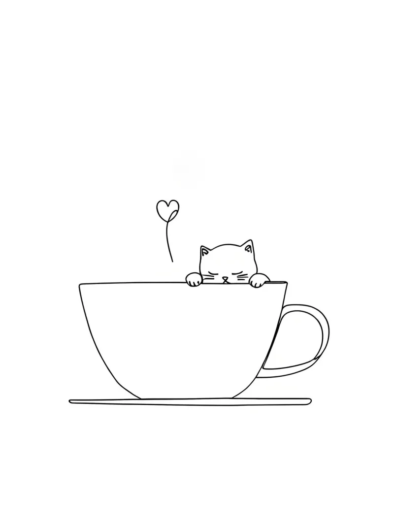 Gatto in tazza da tè Disegno lineare minimalista carta hahnemühle da Viv Line Art