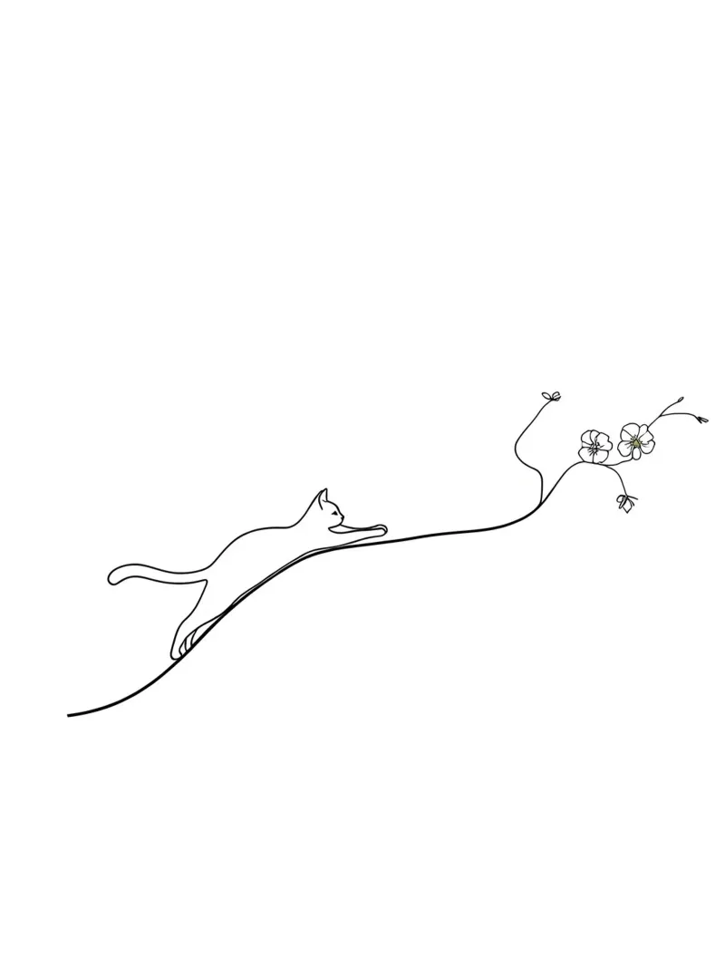 Gatto su un ramo di fiori Line Art minimalista pellicola backlit da Viv Line Art