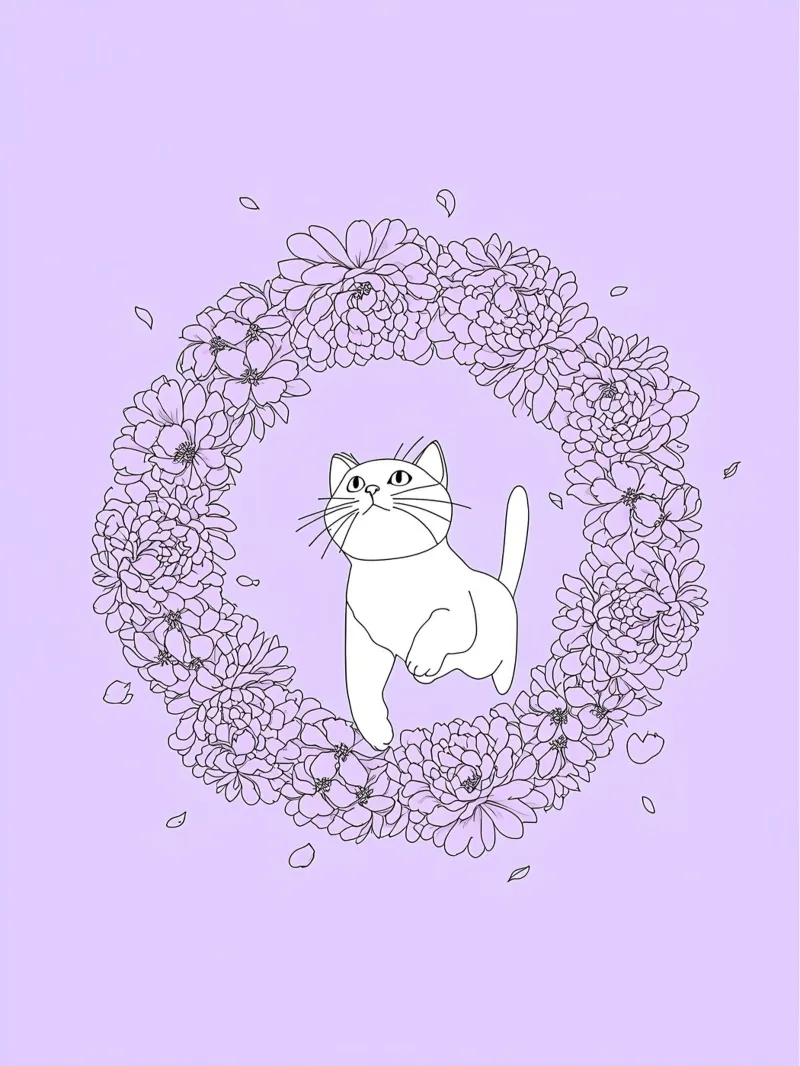 Chat dans une couronne de fleurs Dessin au trait minimaliste hahnemühle de Viv Line Art