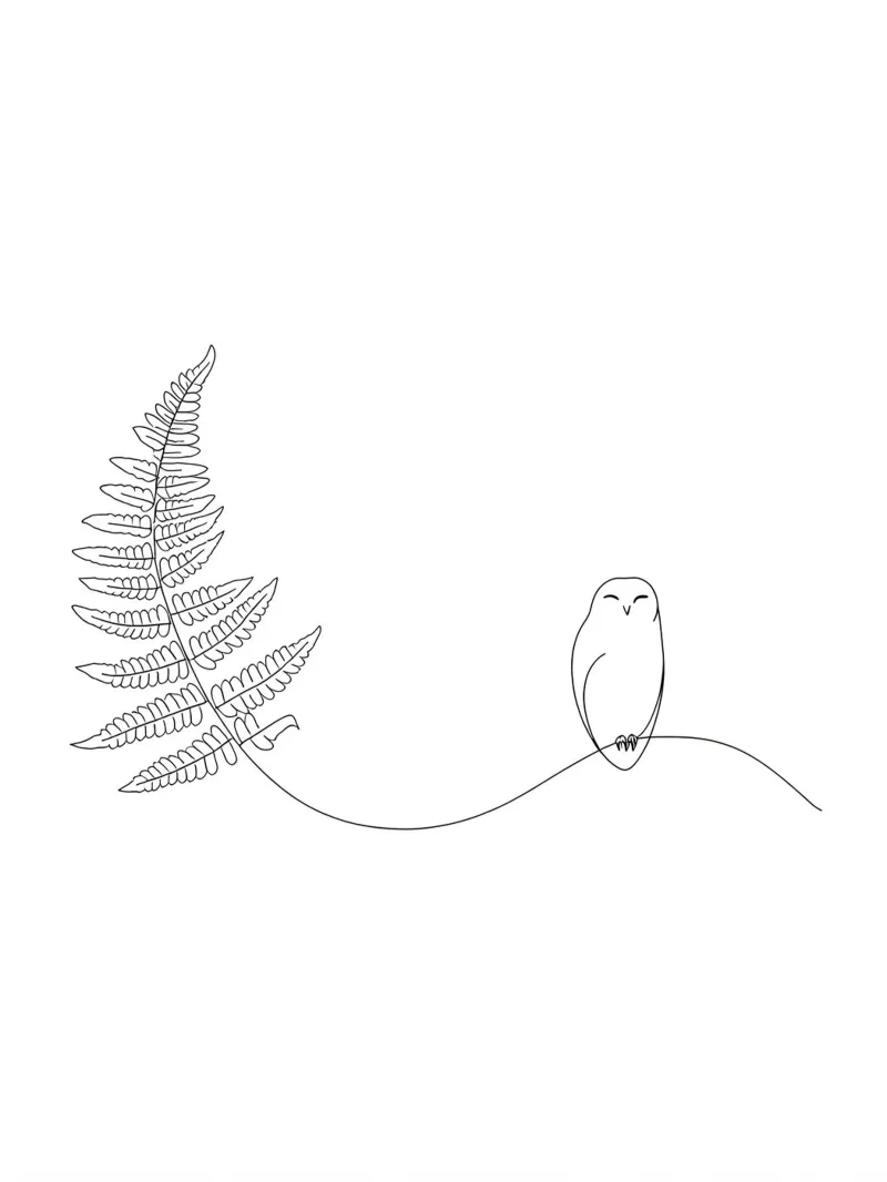 Gufo sul ramo di felce Minimalista pellicola backlit da Viv Line Art