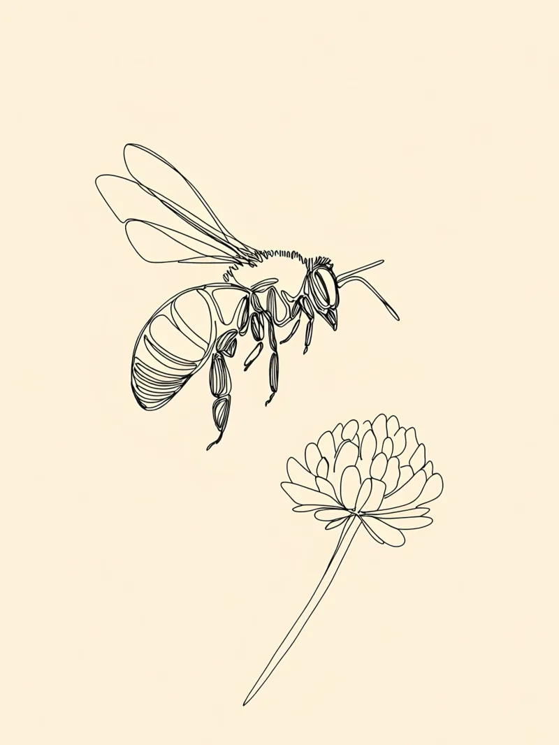Disegno lineare minimalista di api e fiori pellicola backlit da Viv Line Art
