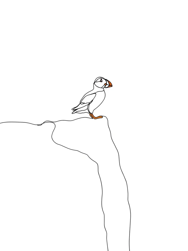 Pulcinella di mare sulla scogliera Line Art minimalista poster con telaio in alluminio da Viv Line Art