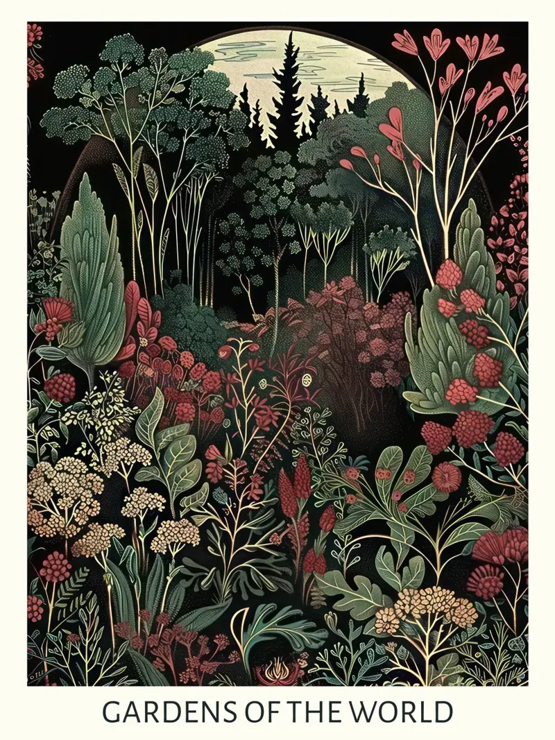 Giardini del mondo, Vintage Art Nouveau, Rosso botanico tela con Cornice a cassetta da Peaches Art Prints