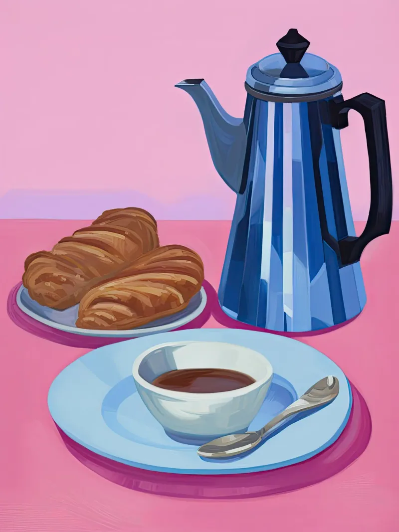 Moka Pot Coffe and Croissants Painting poster con telaio in alluminio da Peaches Art Prints