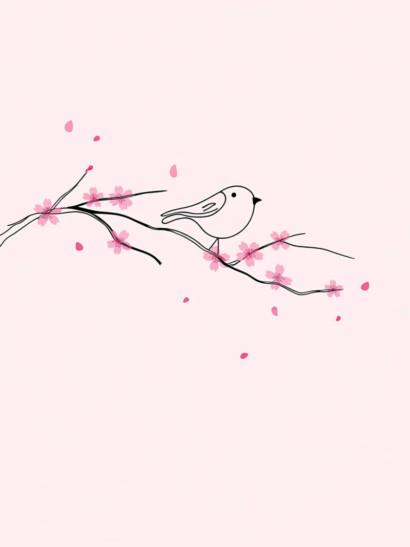 Cute Bird on Cherry Blossom Branch Minimalist Line Art poster by Viv Line Art