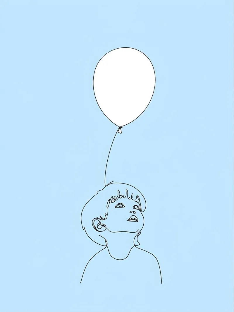 Bambino con palloncino Line Art minimalista pannello forex da Viv Line Art