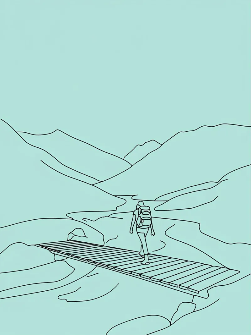 Ponte dell'escursionista che cammina Line Art minimalista poster con telaio in alluminio da Viv Line Art