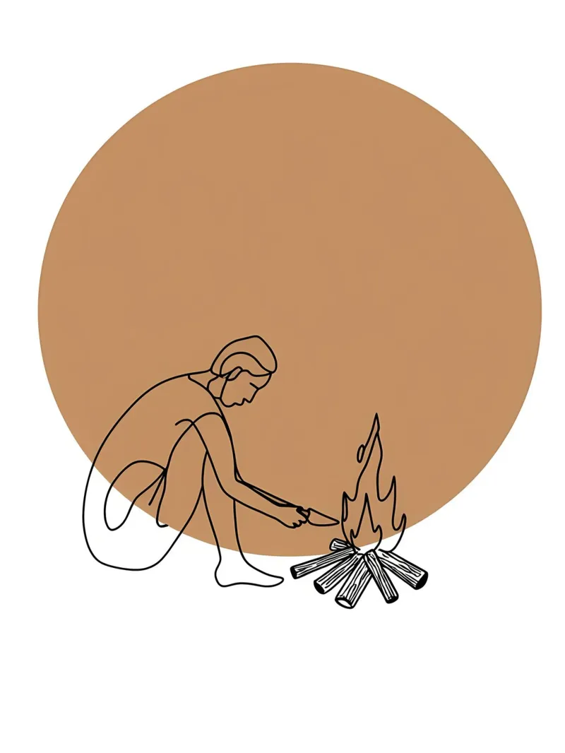 Person am Lagerfeuer sitzend Minimalist Line Art Leinwand mit Schattenfugenrahmen von Viv Line Art