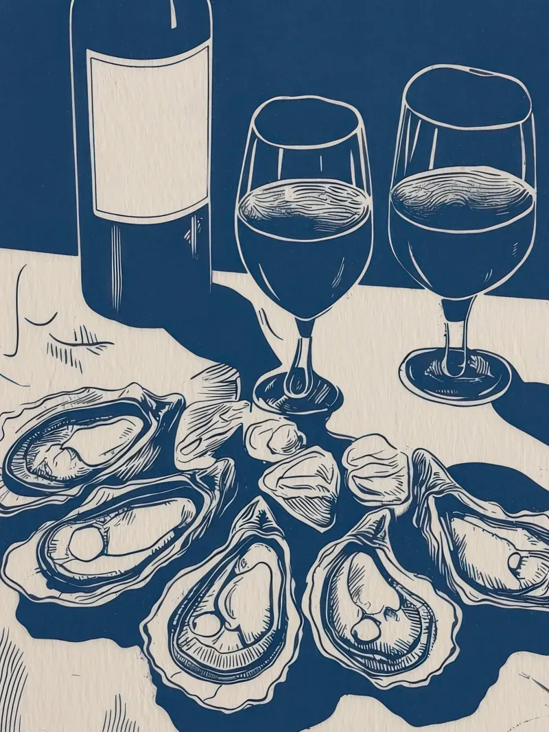 Ostriche e vino, cibo Neutro Blu Bianco poster con telaio in legno da Peaches Art Prints