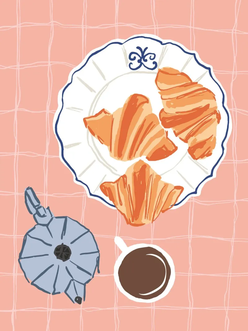 Illustrazione di caffè e croissant pellicola backlit da Peaches Art Prints