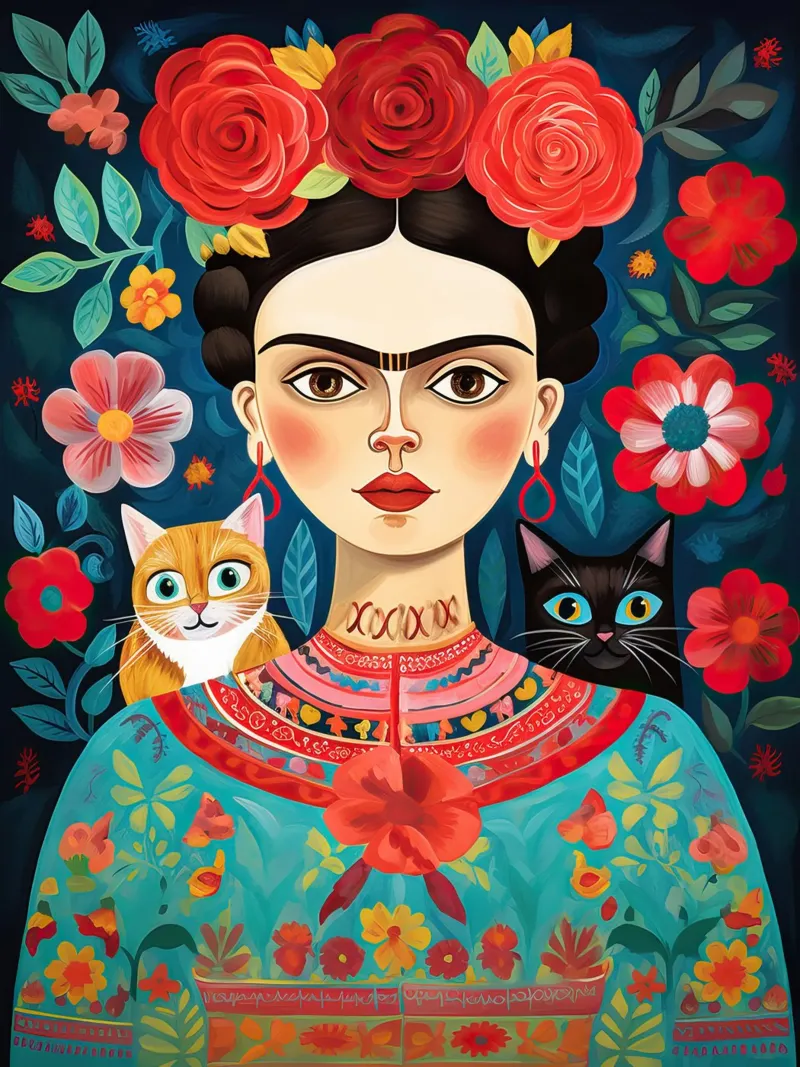 Frida Kahlo con gatti - Nero e arancione poster con telaio in plastica da Peaches Art Prints