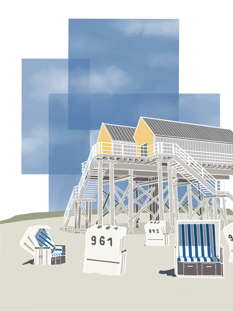 Sankt Peter Ording - Nordsee, Stelzenhaus, Strandkorb poster con telaio in plastica da fernvej