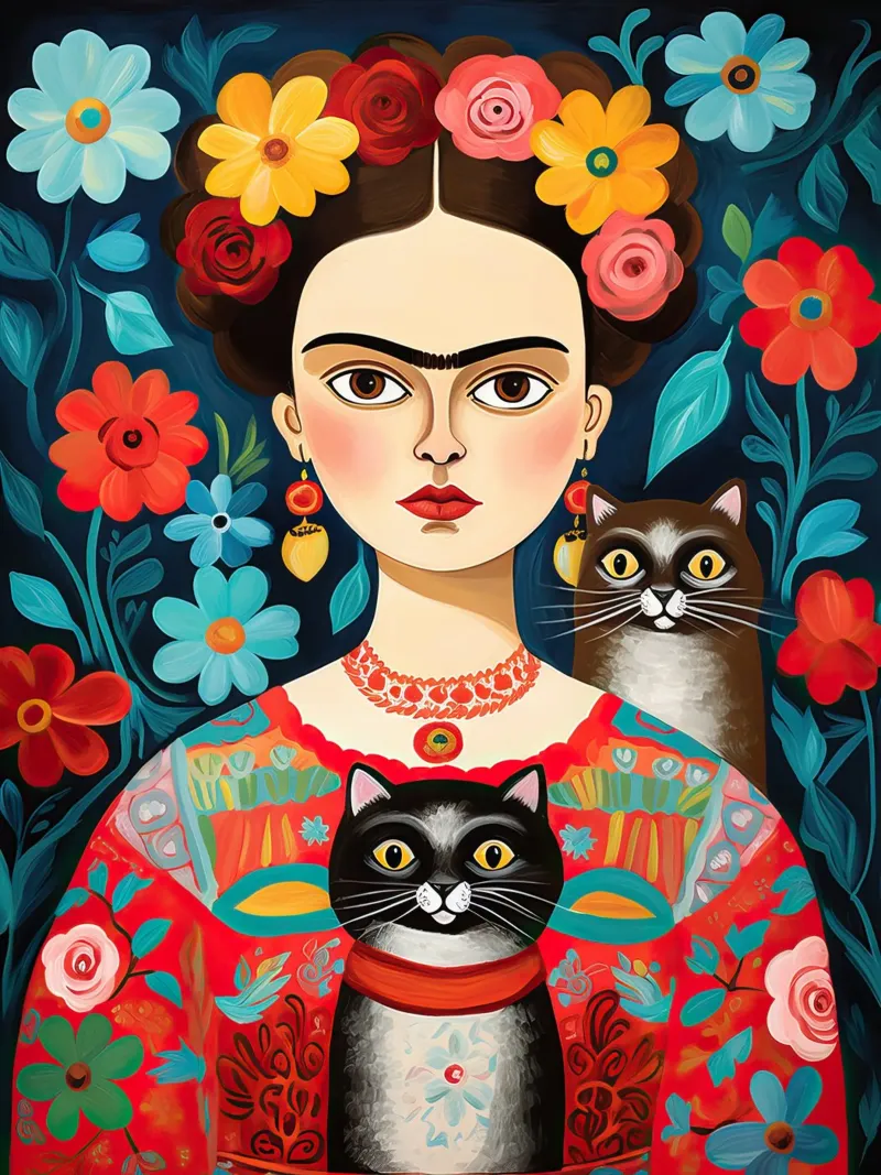 Frida Kahlo con gatto nero e marrone alluminio dibond da Peaches Art Prints
