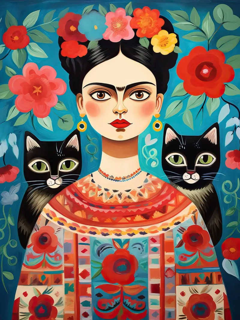 Frida Kahlo con gatti neri - Floreale messicano carta hahnemühle da Peaches Art Prints