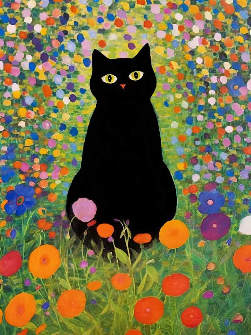 Gustav Klimt Gatto nero seduto in giardino poster con telaio in legno da Peaches Art Prints