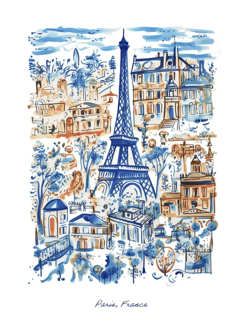 Francia, Parigi, Torre Eiffel, Illustrazione Linea Arte di Viaggio alluminio dibond da Peaches Art Prints