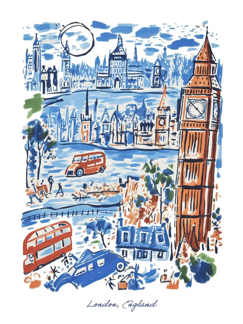 Città di Londra, Inghilterra, Illustrazione Linea Arte di Viaggio tela con Cornice a cassetta da Peaches Art Prints