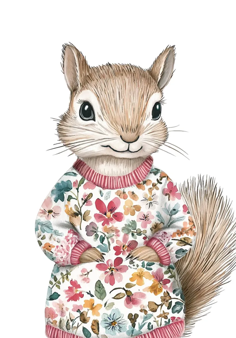 Écureuil à fleurs - Poster d'un adorable animal de la forêt pour la chambre d'enfant poster avec cadre en bois de KidzStudio