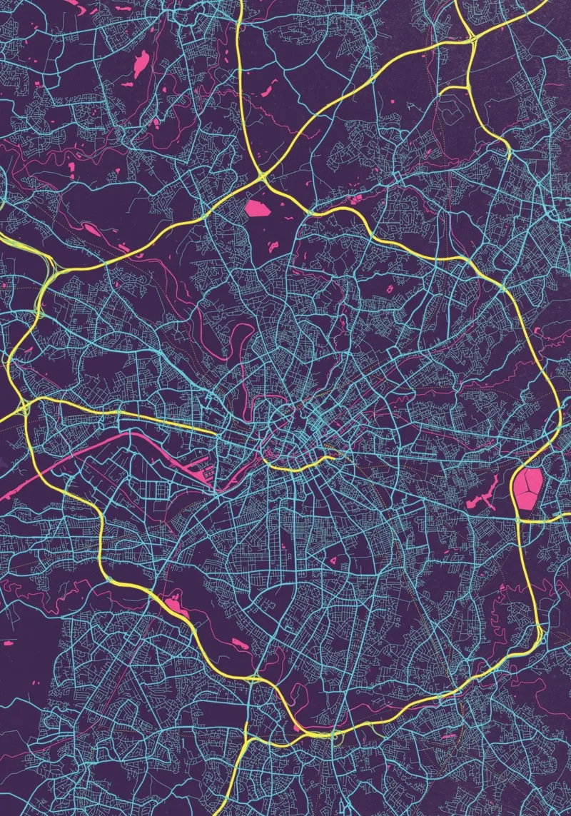 Metropolitan Lines - La mappa della città di Manchester per i giramondo poster con telaio in alluminio da MOOODZART
