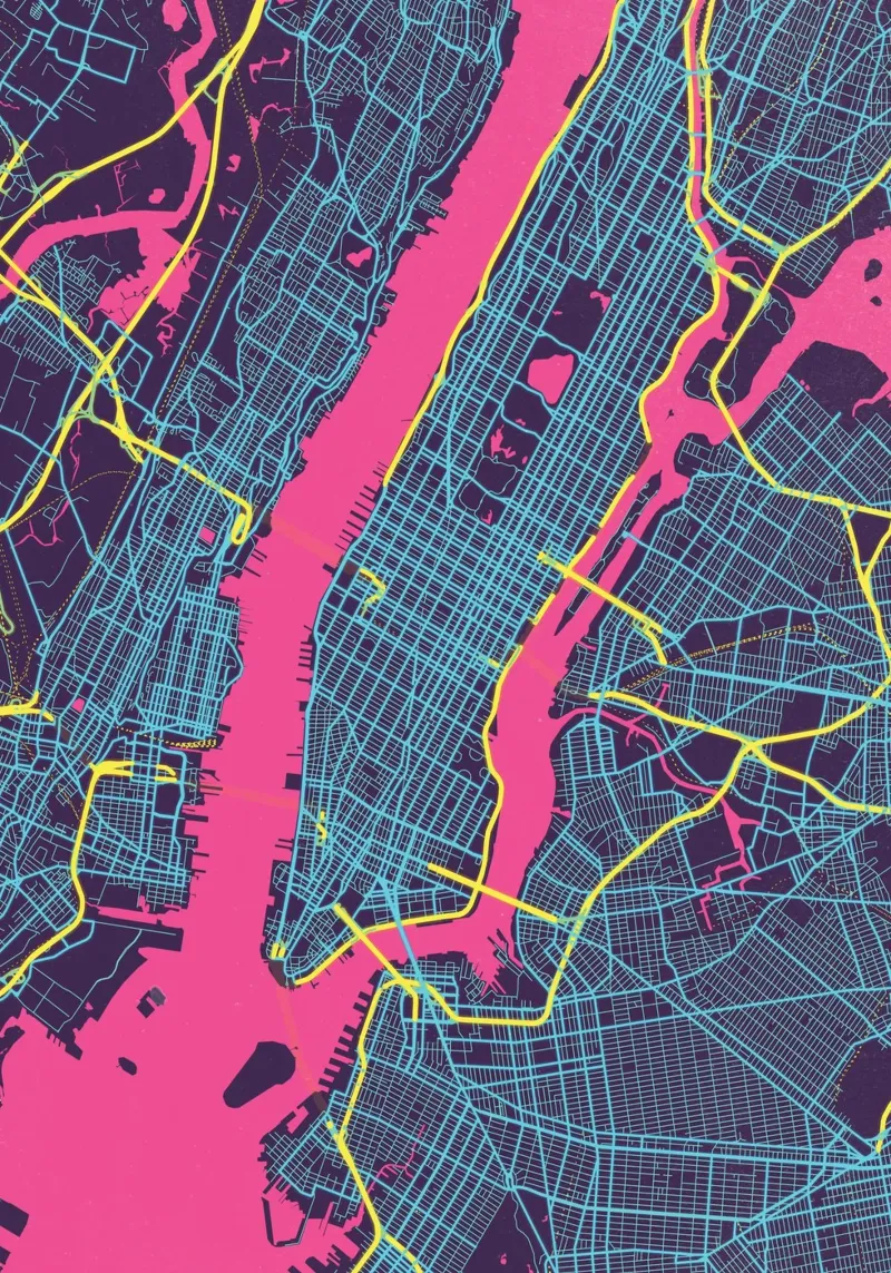 Neon NYC" - Abstracte stadsplattegrond van Manhattan canvas van MOOODZART