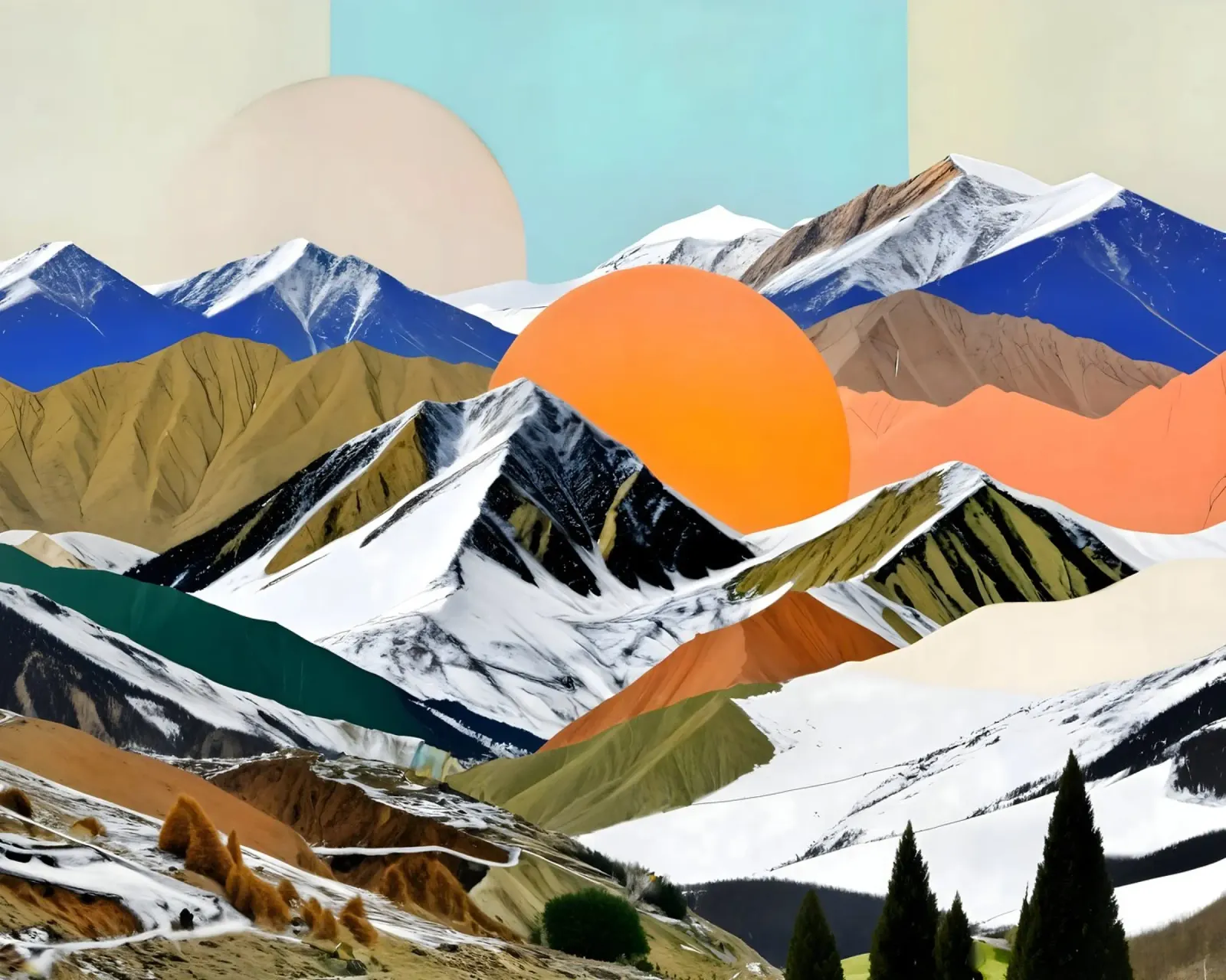 Twee Rijzende Zonnen | Abstract Landschapscollage canvas met Baklijst van 83oranges