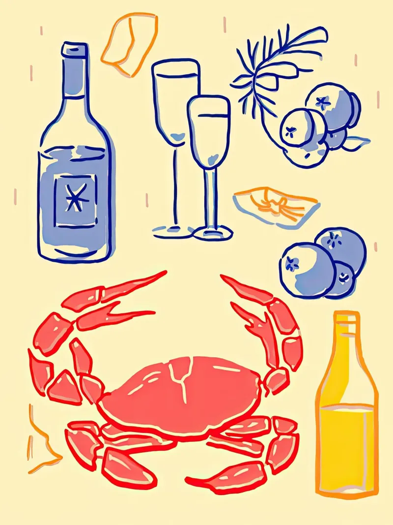 Granchio e vino, cibo per l'illustrazione della cucina pellicola backlit da Peaches Art Prints