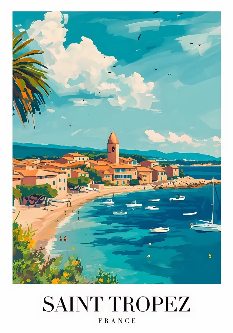 Zomer in Zuid-Frankrijk - Saint-Tropez Vintage Reisposter canvas met Baklijst van Studio Mooodz