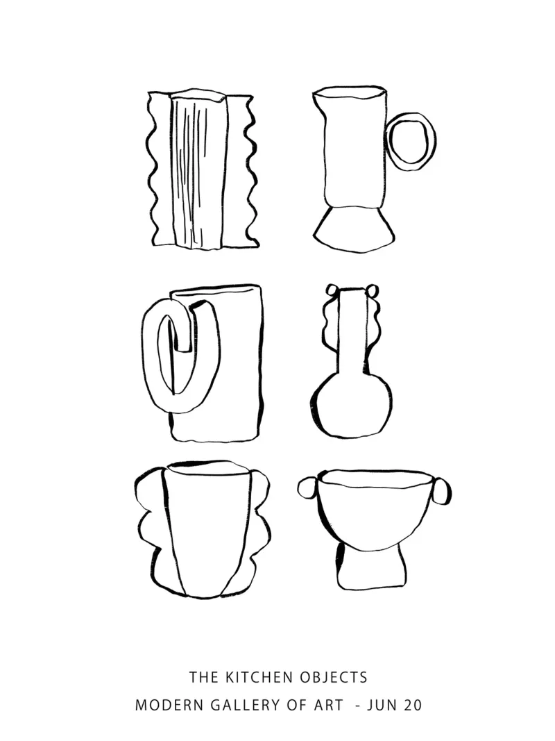 Kitchen Objects Decor - Line Art in Black canvas by Peaches Art Prints