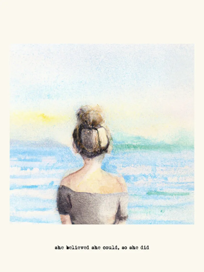 Sie glaubte, sie könnte es, also tat sie es. Zitat, Blondes Mädchen Leinwand mit Schattenfugenrahmen von Peaches Art Prints