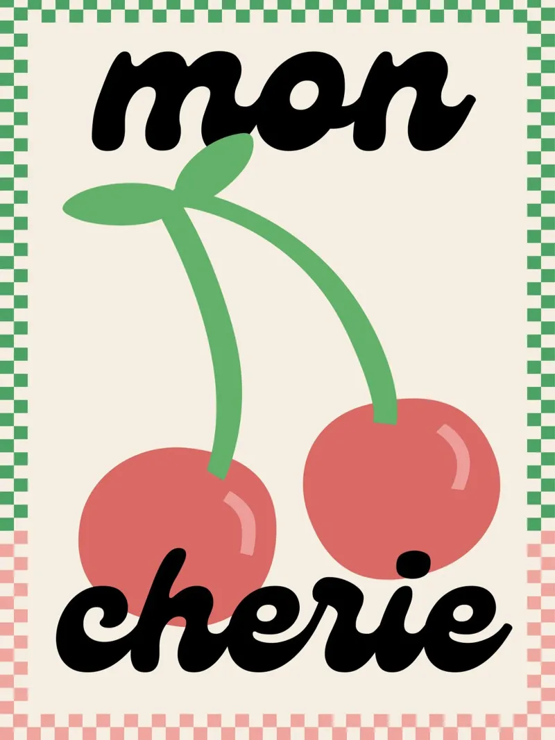 Mon Chéri - Illustrazione di ciliegie poster con telaio in plastica da Peaches Art Prints