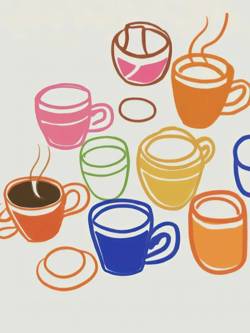 Tazze da caffè - Illustrazione di cucina poster con telaio in legno da Peaches Art Prints