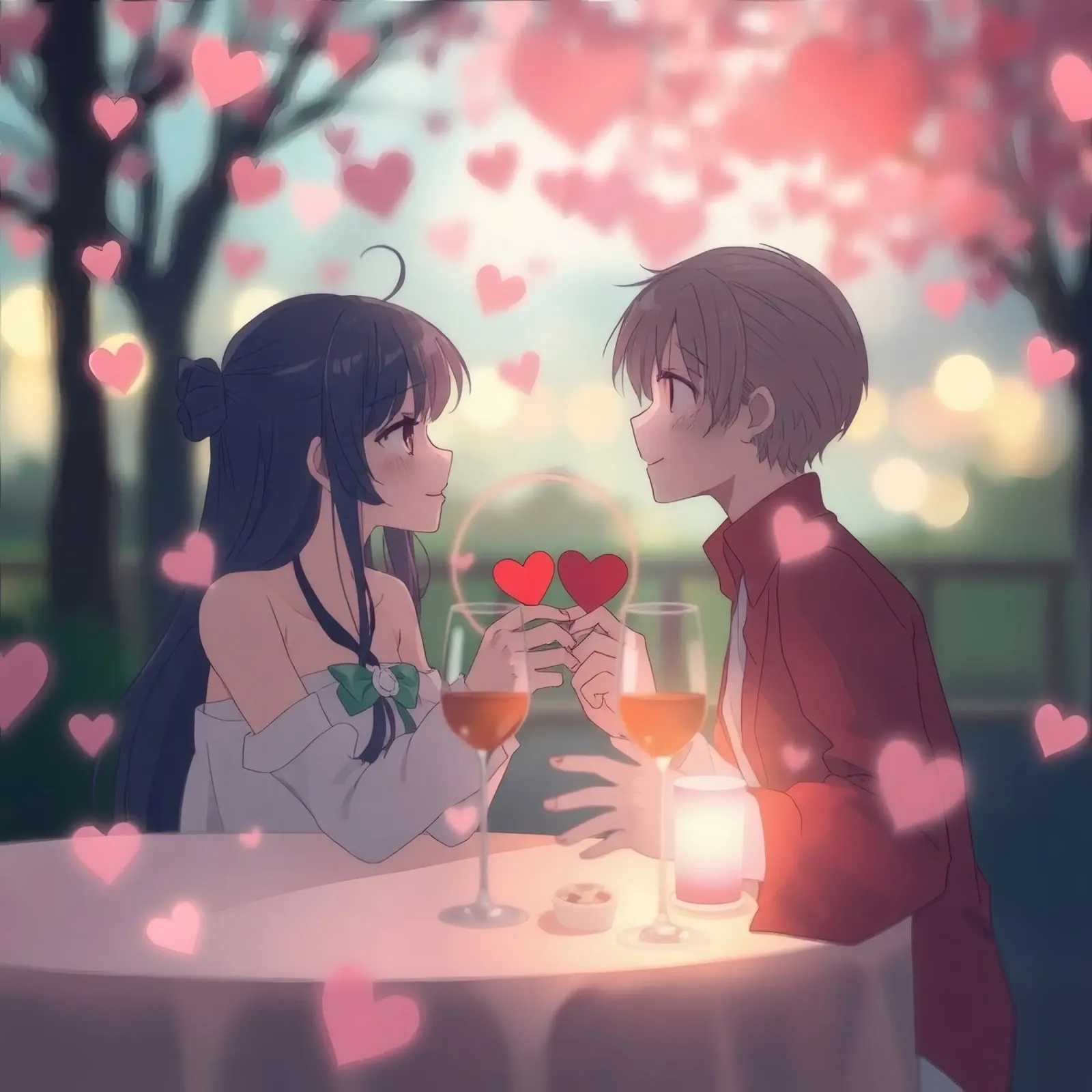 Paar genietend van een romantisch diner onder kersenbloesembomen canvas van DesignDoodle