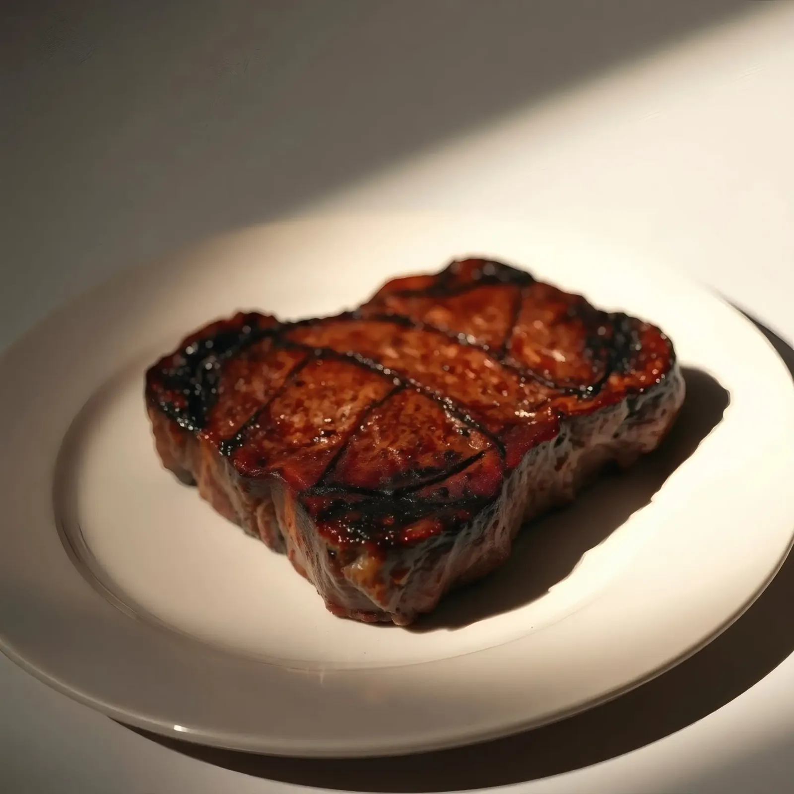 Bistecca perfettamente grigliata servita su un semplice piatto bianco pellicola backlit da DesignDoodle